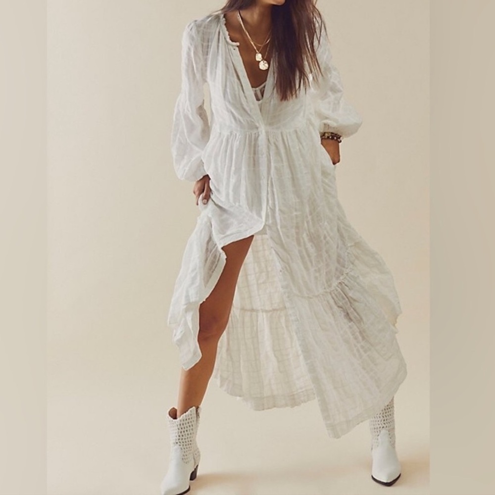 Free People White Plaid Edie XS Maxi Duster Dress new never worn